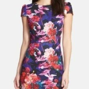 Betsey Johnson Dress Floral Print Sheath Cap Sleeve Lined